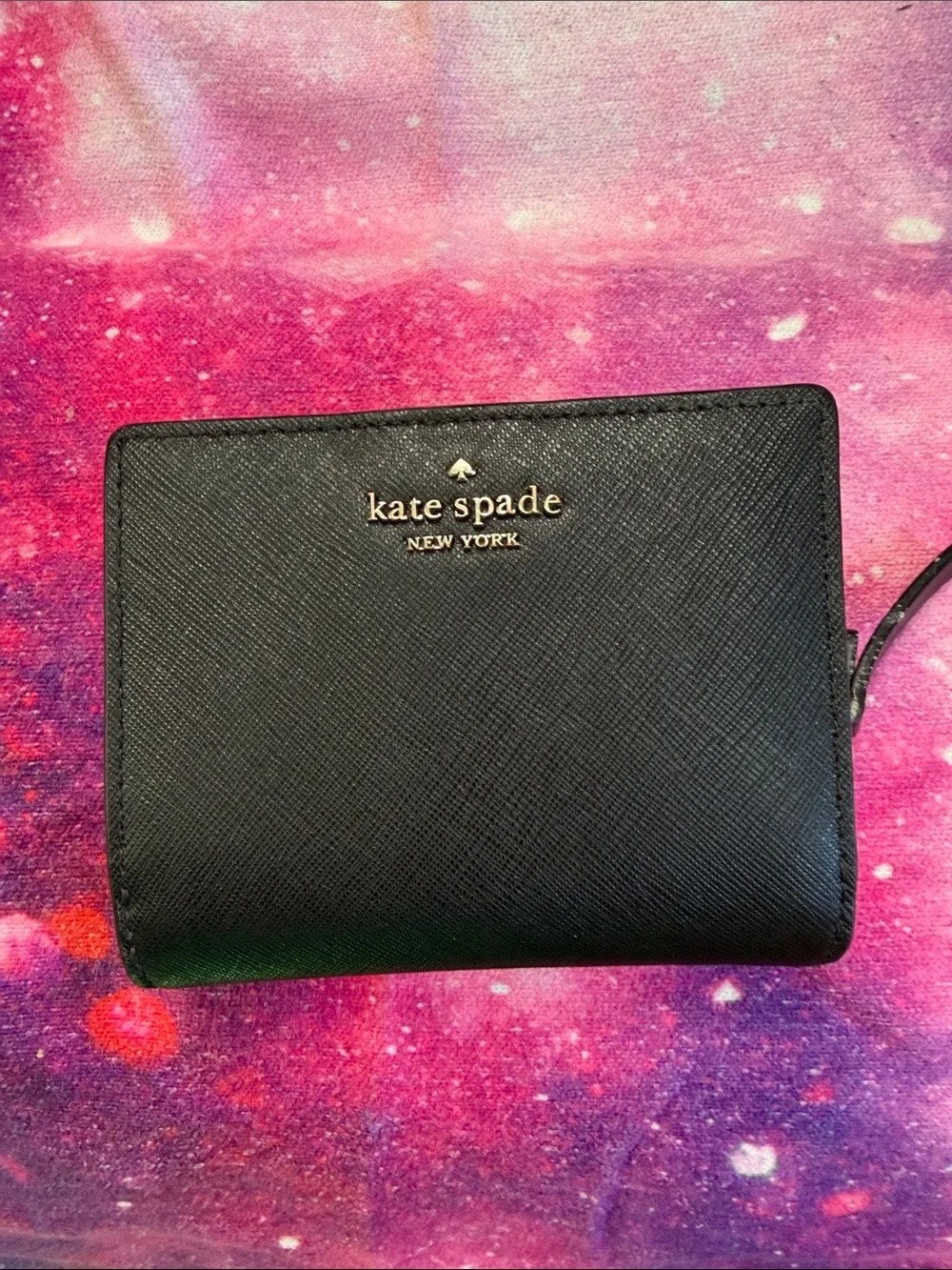 kate spade black Saffiano zip wallet with gold logo